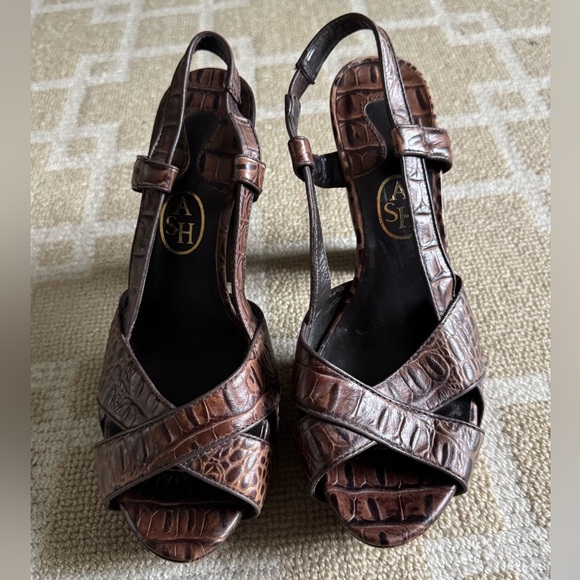 Ash Croc Embossed Brown Leather Slingback Heels Sandals Resort Shoes 38 (7.5-8) - Picture 3 of 10